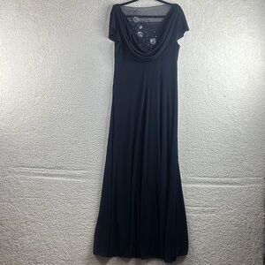 NWOT Patra Womens Navy Double Drape Net Beaded Sleeveless Stretchy Gown Size 14